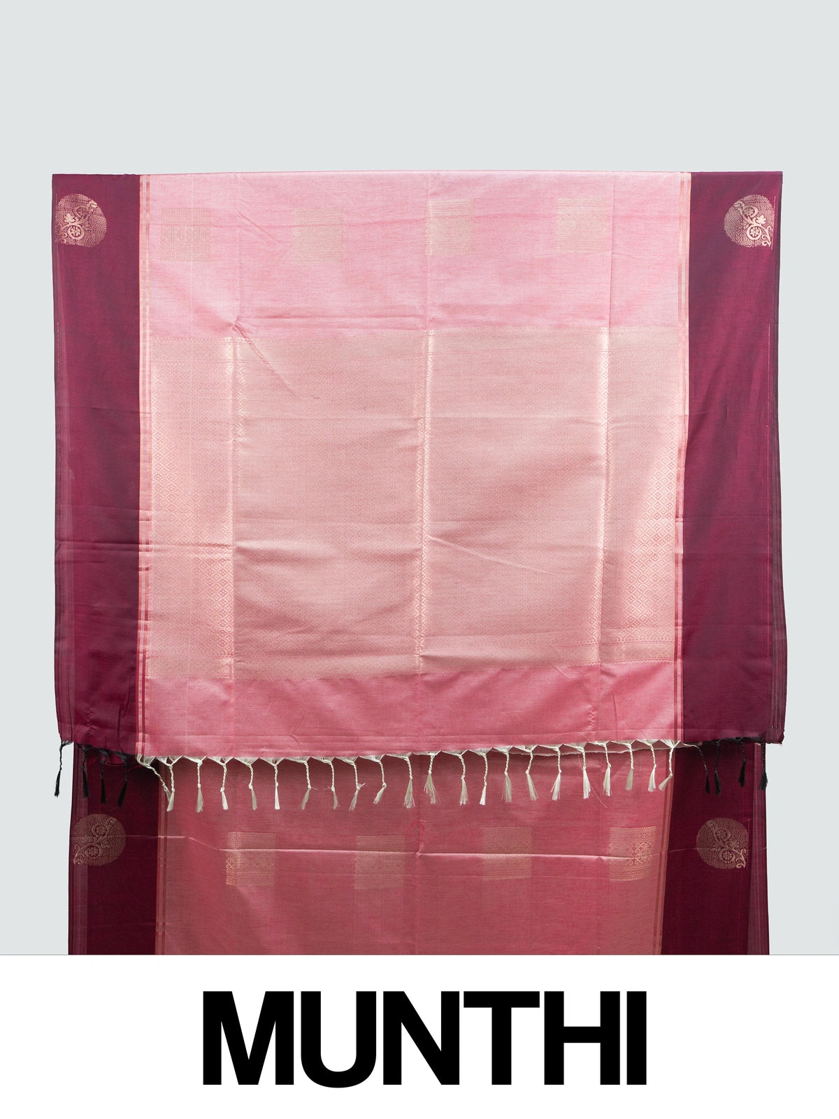 Pink Kanchipuram fancy silk saree with wine contrast border and gold zari buttas