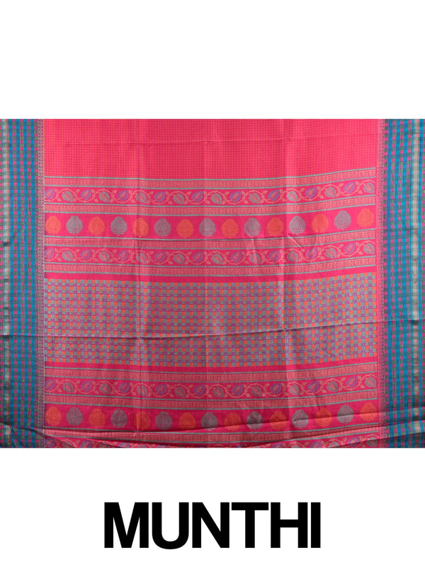 Magenta pink Dola silk saree with yellow checks, teal blue contrast checked border and paisley pallu
