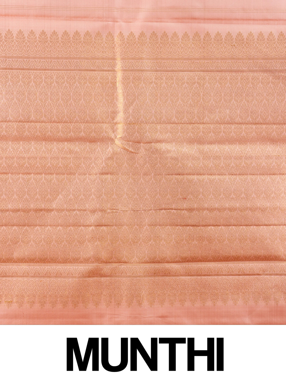 Peach pure Kanchipuram silk saree with gold zari buttas, contrast zari border and woven pallu