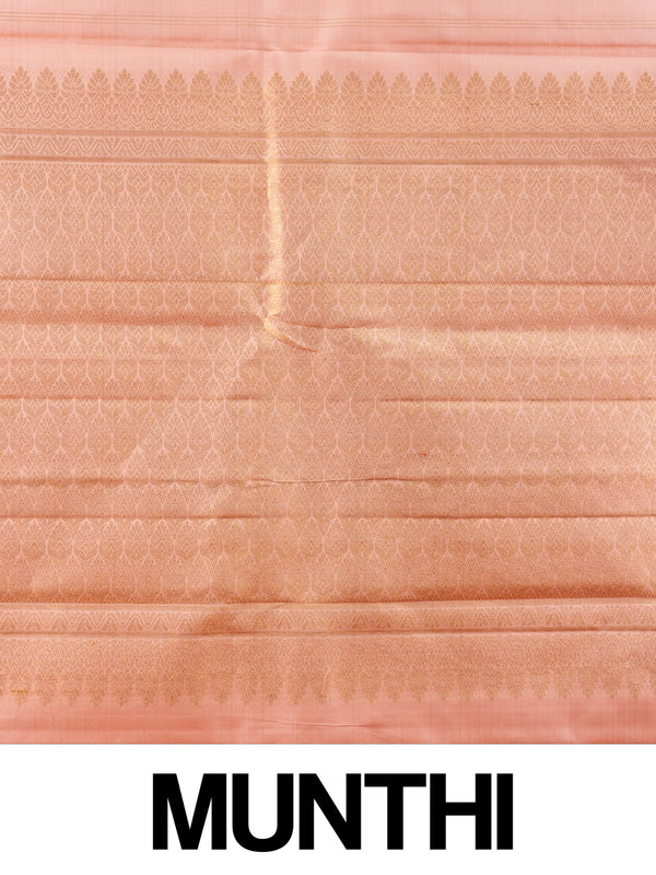 Peach pure Kanchipuram silk saree with gold zari buttas, contrast zari border and woven pallu