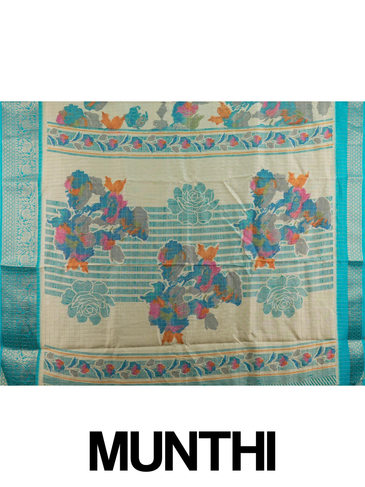 Cream Dola silk saree with multicolour floral print and turquoise zari border