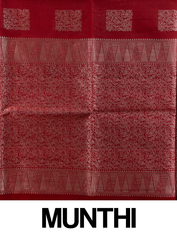 Maroon silk cotton saree with silver zari square buttas and woven pallu