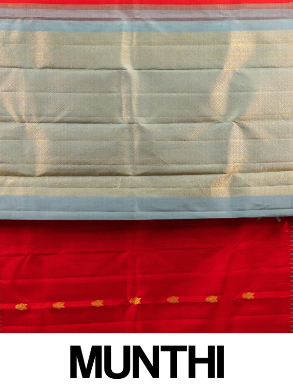 Red pure Kanchipuram silk saree with contrast grey gold zari temple border and woven buttas