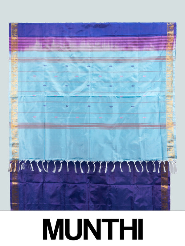 Royal blue Banana silk saree with contrast sky blue pallu and gold zari border