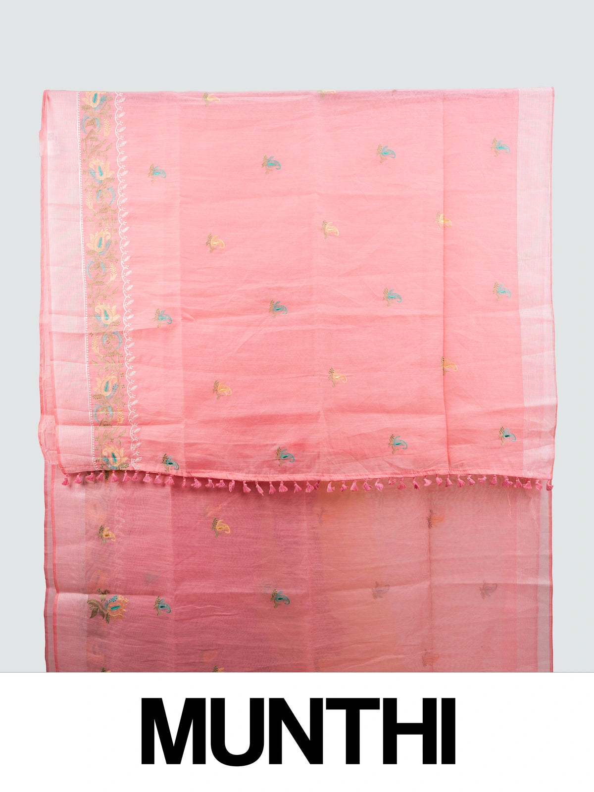Pink linen cotton saree with embroidered paisley buttas, floral pallu and silver zari border
