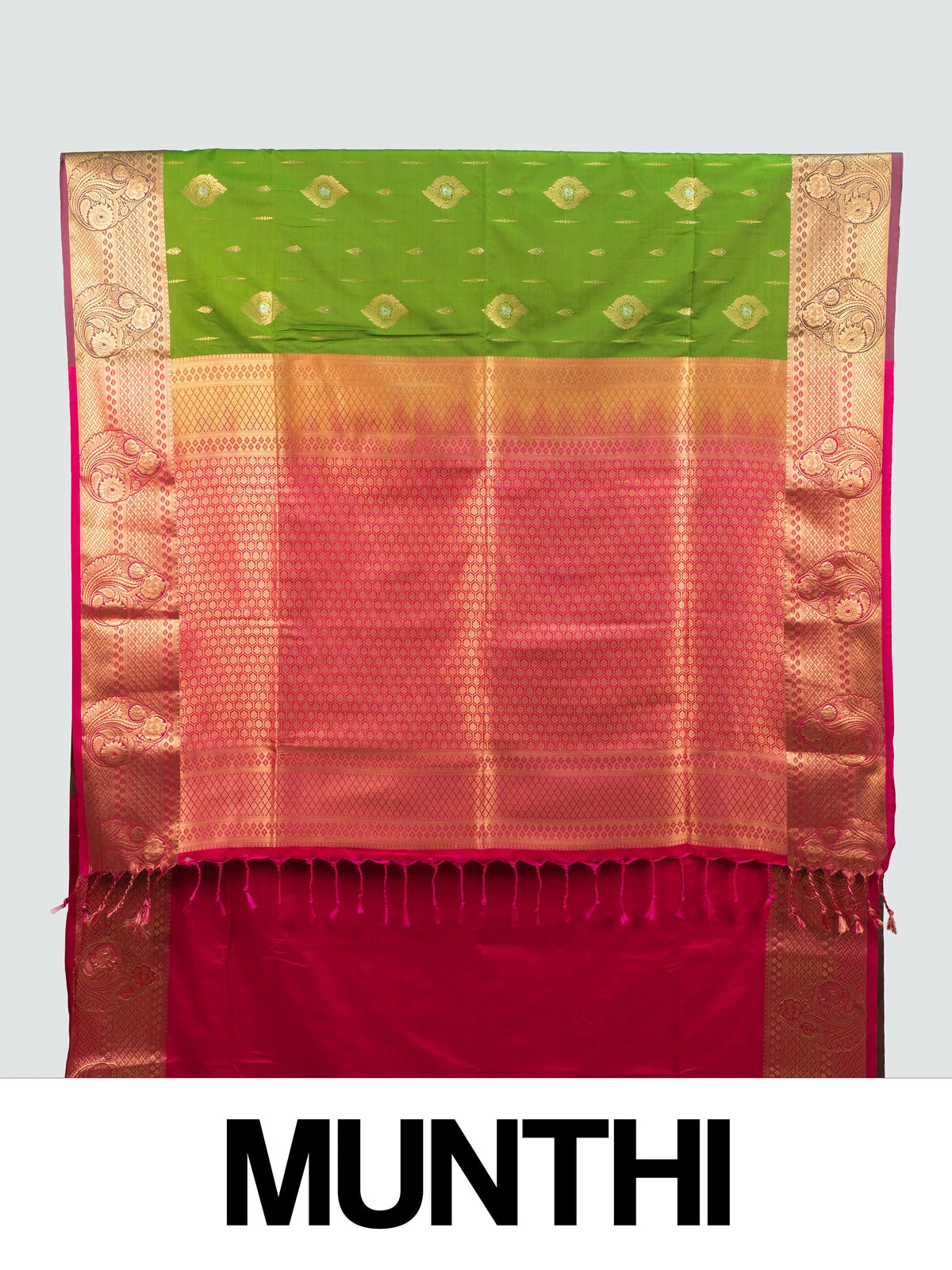 Parrot green semi silk saree with contrast pink gold zari border and floral pallu