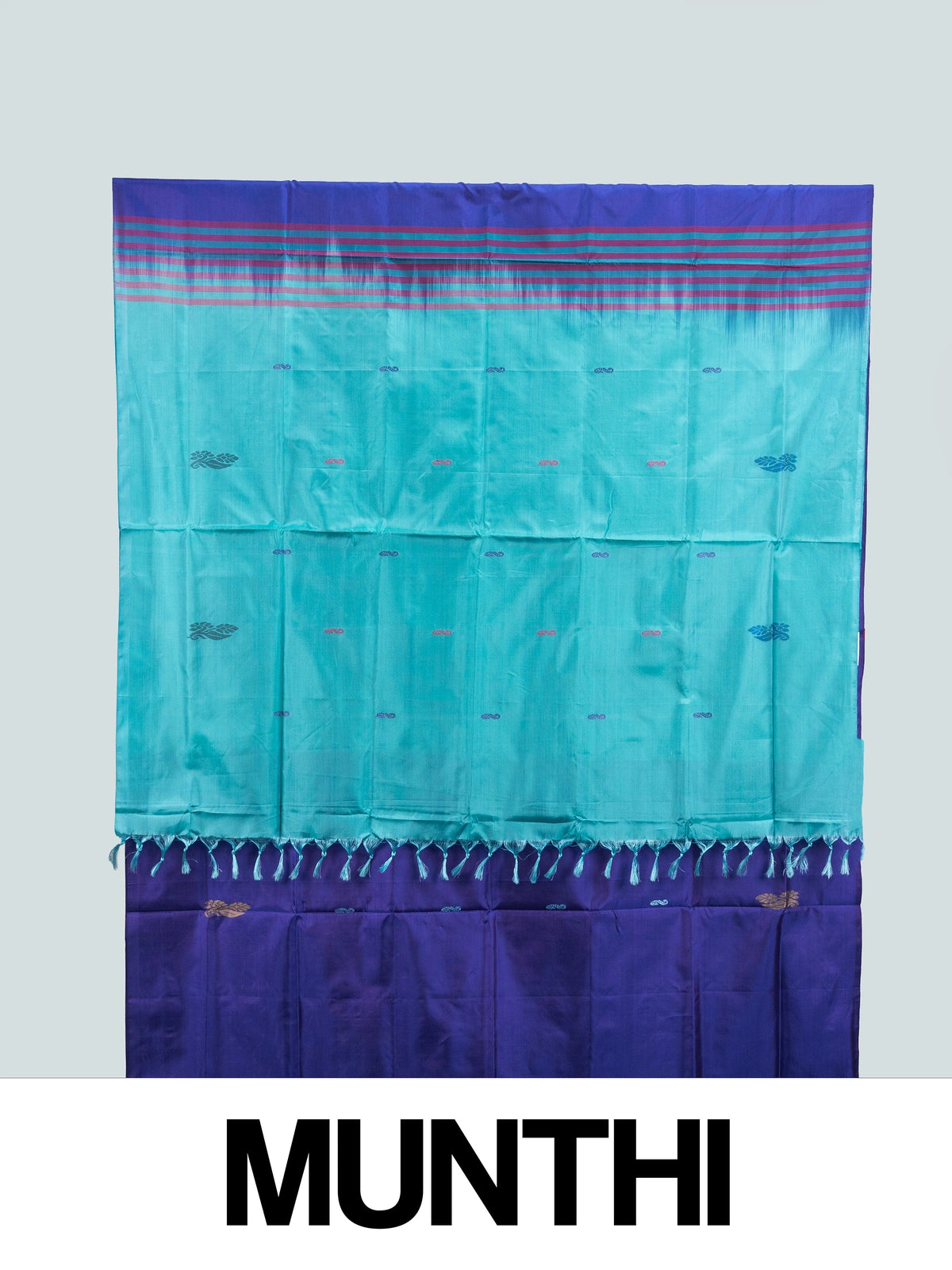 Royal blue and teal Banana Silk saree with gold zari buttis and contrast striped pallu