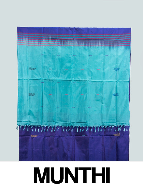 Royal blue and teal Banana Silk saree with gold zari buttis and contrast striped pallu