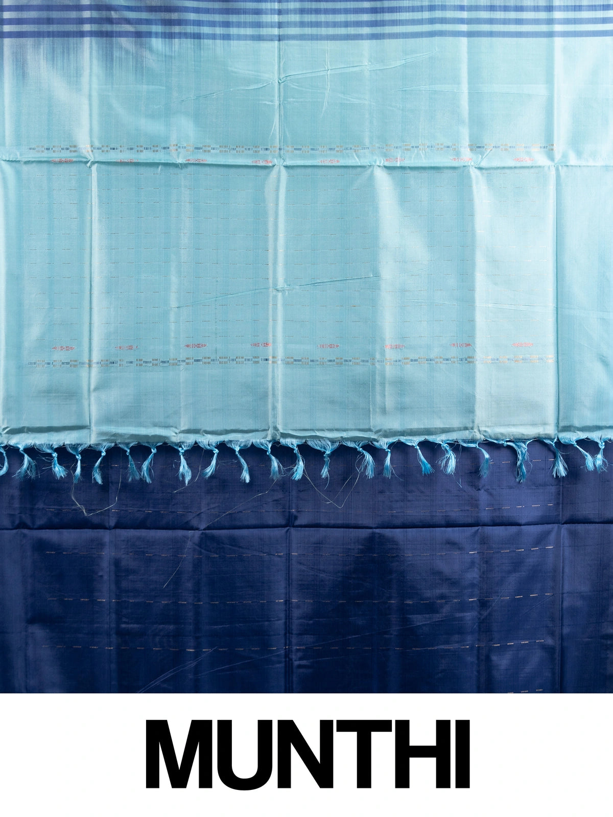 Navy blue banana silk saree with sky-blue contrast pallu, zari stripes and striped border