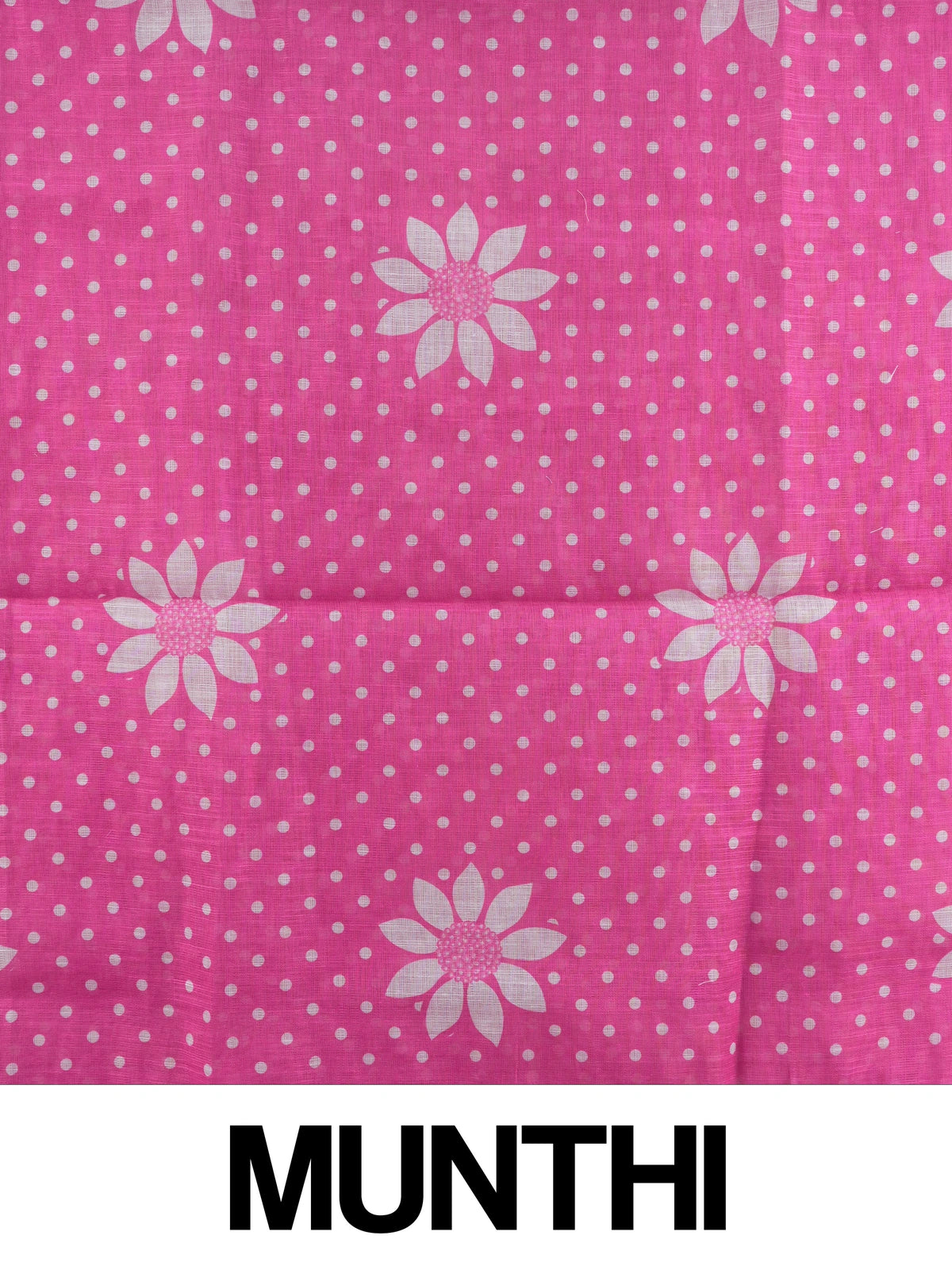 Pink linen cotton saree with white polka dots, floral motifs and a gold zari border