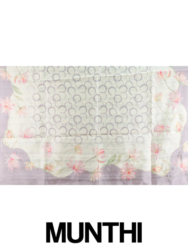 Cream and lavender designer silk saree with hand-painted lotus florals and silver thread work