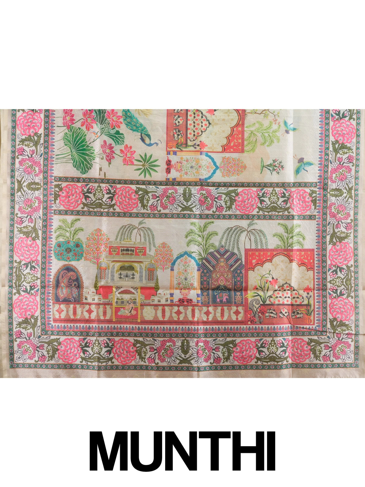 Cream semi tussar saree with pink floral Mughal garden print, peacock and lotus motifs and gold zari border