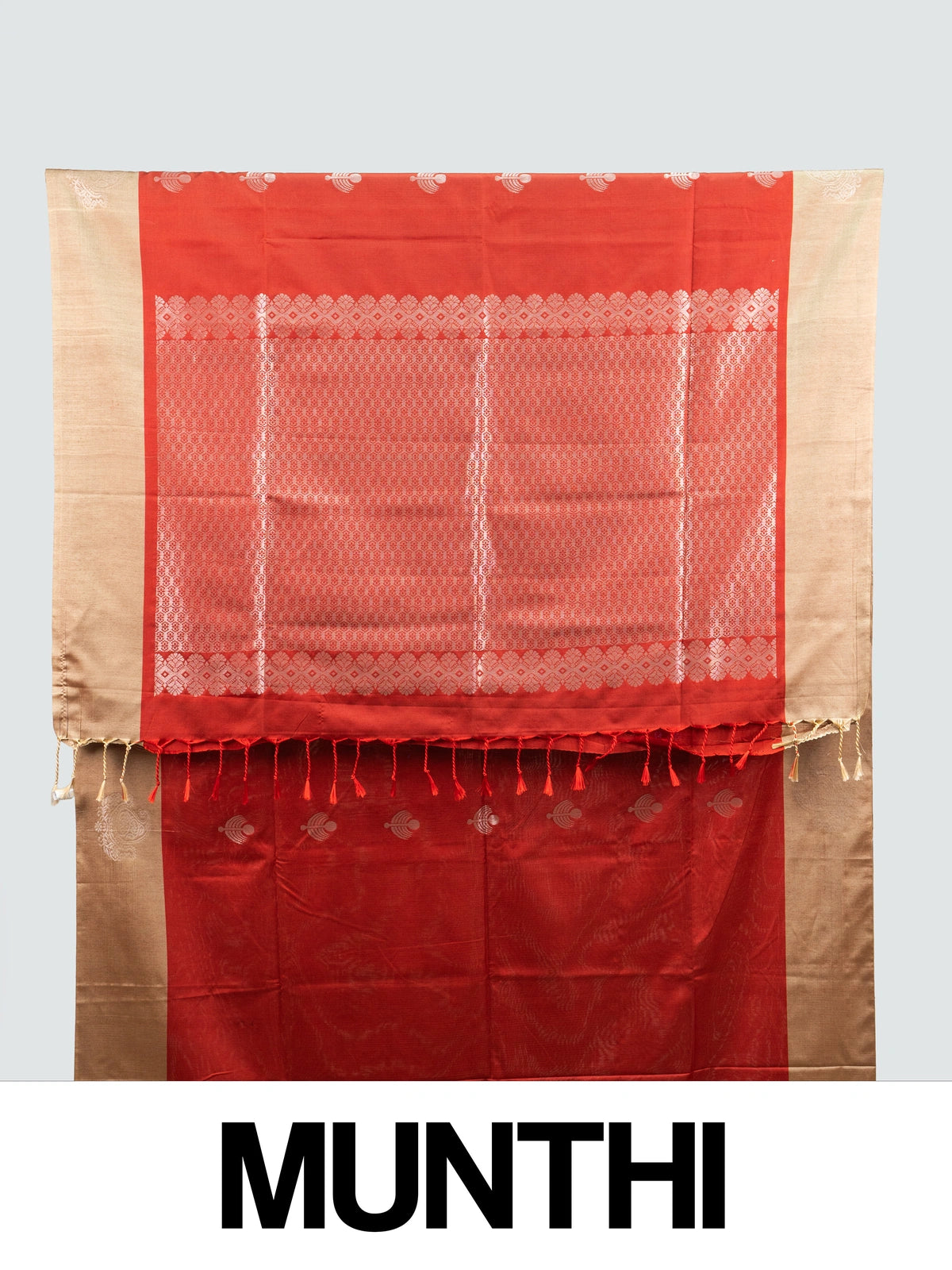 Red Kanchipuram fancy silk saree with beige contrast border and silver zari pallu