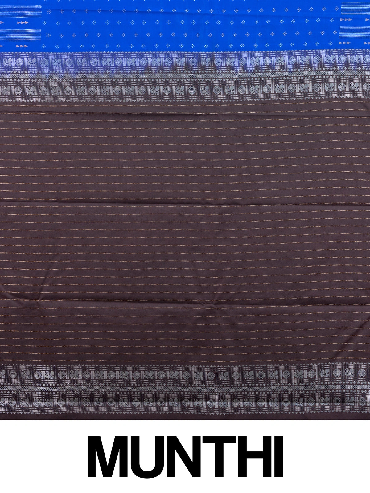 Royal blue semi silk saree with silver zari stripes and contrast dark brown border and pallu