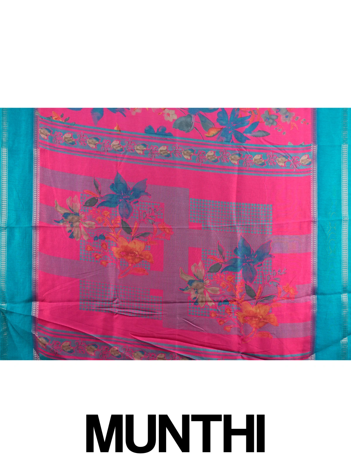 Pink Dola silk saree with multicolour floral print and contrast teal blue zari border