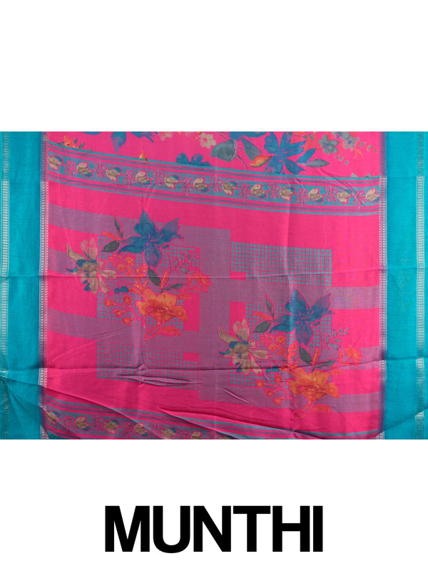 Pink Dola silk saree with multicolour floral print and contrast teal blue zari border