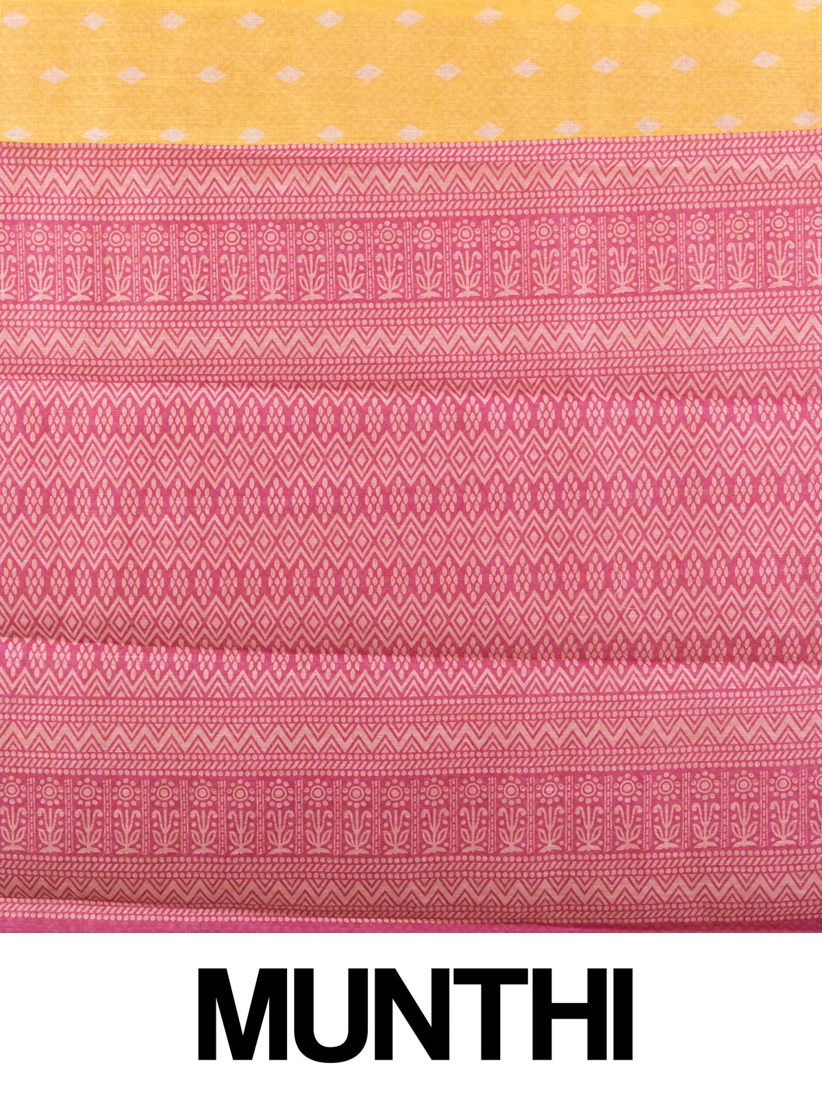 Yellow linen cotton saree with white diamond buttas and contrast pink border and pallu