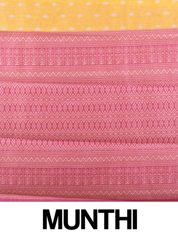 Yellow linen cotton saree with white diamond buttas and contrast pink border and pallu