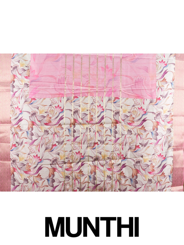 Pink and cream Dola silk saree with multicolour floral print and gold zari border