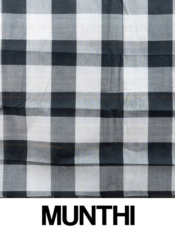 Grey and black checked Chettinad cotton saree with copper zari floral border