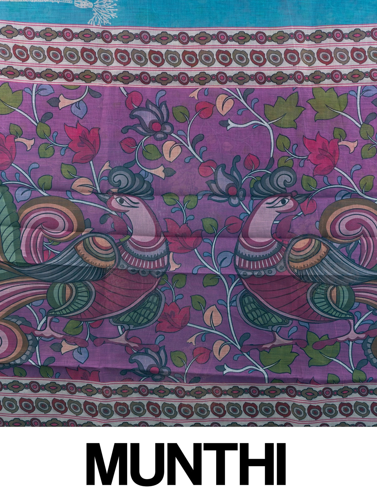 Turquoise blue linen cotton saree with white butterfly prints and a contrast purple Kalamkari pallu