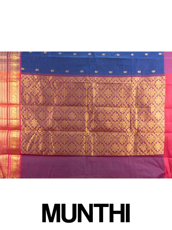 Navy blue Chettinad cotton saree with magenta gold zari border and yellow contrast blouse