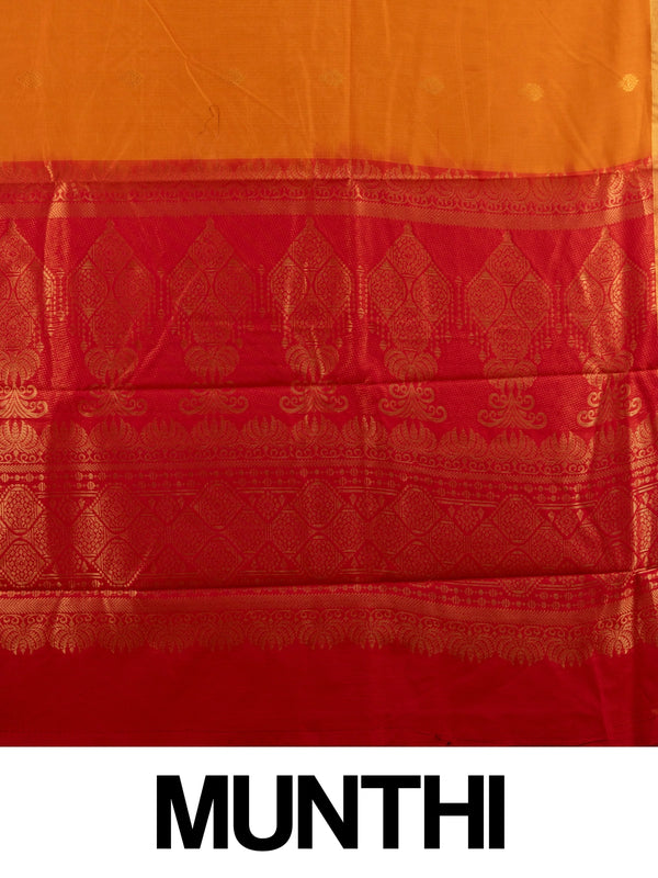 Orange silk cotton saree with contrast red gold zari pallu and border