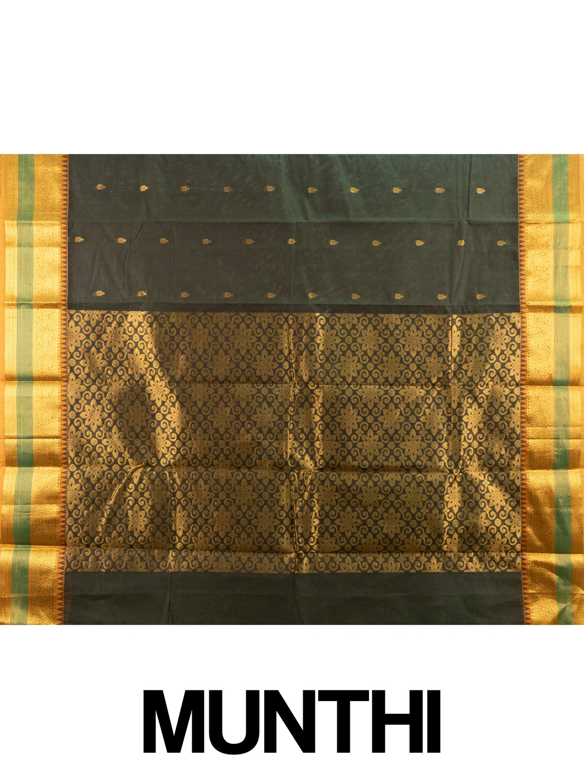Dark green Chettinad cotton saree with mustard gold zari border and woven floral pallu