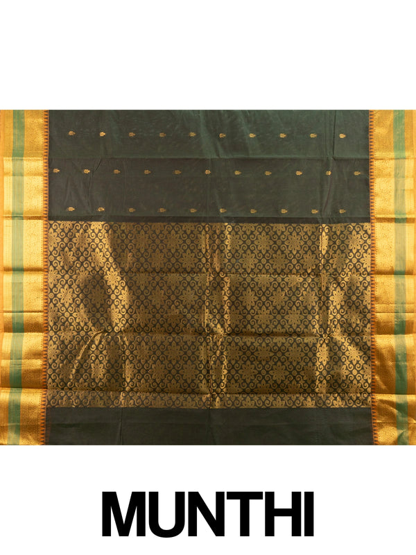 Dark green Chettinad cotton saree with mustard gold zari border and woven floral pallu