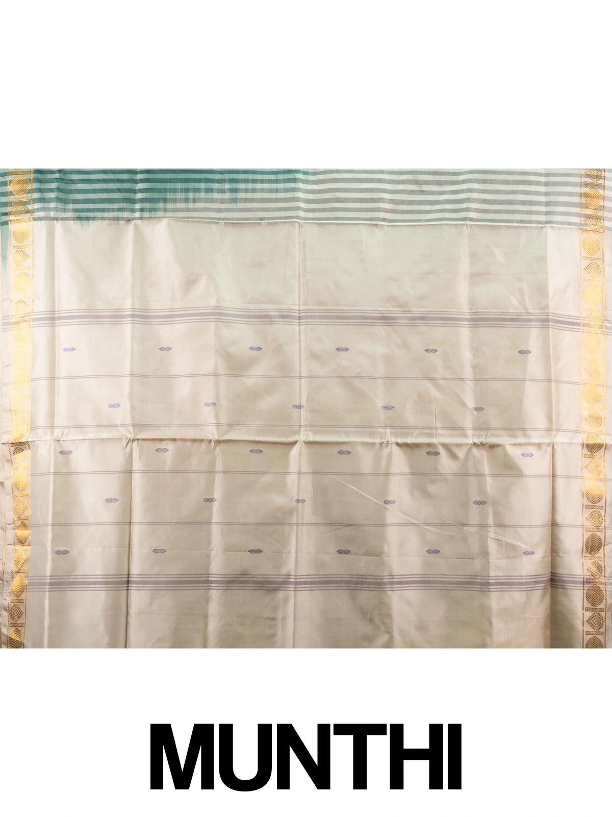 Bottle green banana silk saree with gold zari border and contrast cream striped pallu