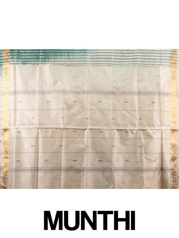 Bottle green banana silk saree with gold zari border and contrast cream striped pallu