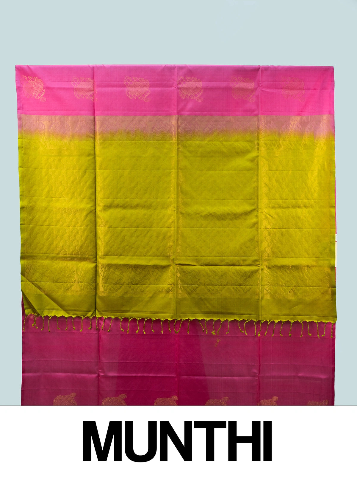 Pink pure soft silk saree with contrast lime-green zari border, pallu and gold zari buttas