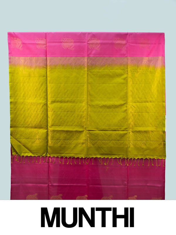 Pink pure soft silk saree with contrast lime-green zari border, pallu and gold zari buttas