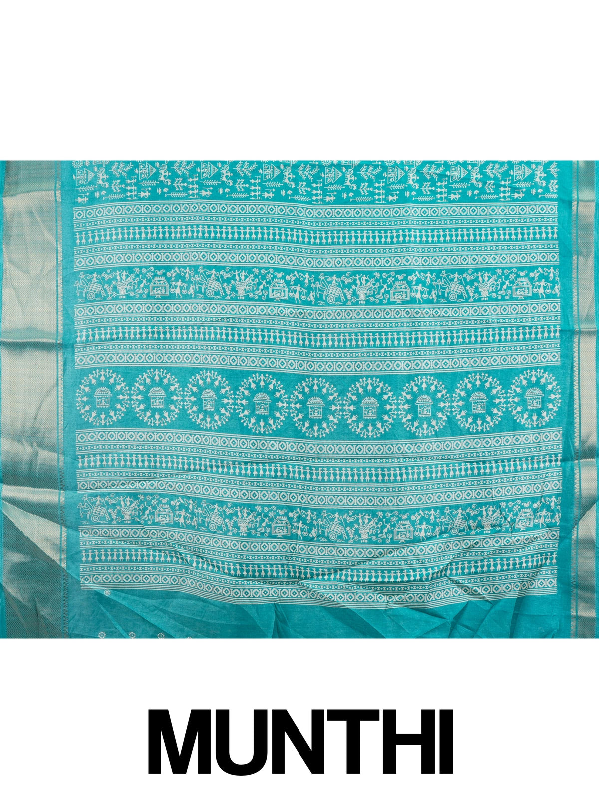 Teal blue designer saree with white Warli tribal print and gold zari border