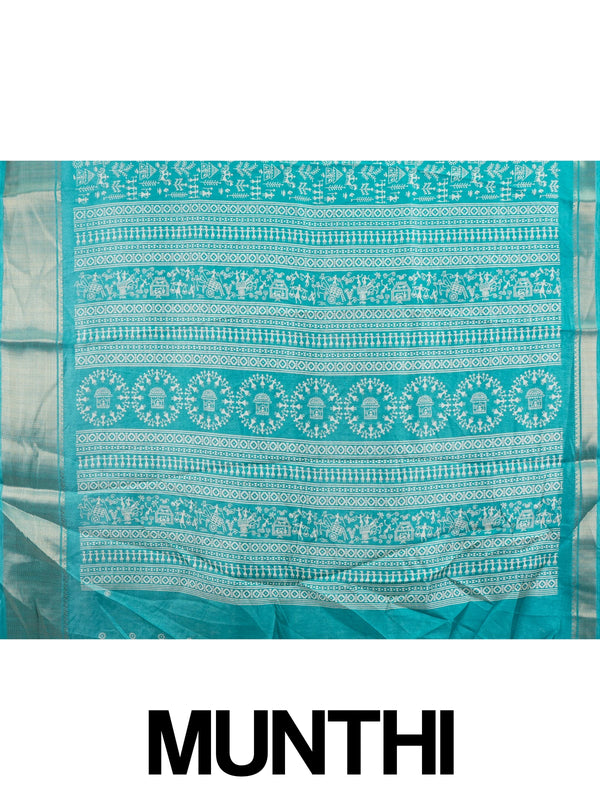 Teal blue designer saree with white Warli tribal print and gold zari border