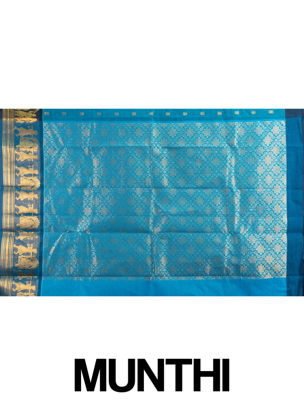 Peacock blue Chettinad cotton saree with gold zari lotus buttas and contrast navy figurative zari border