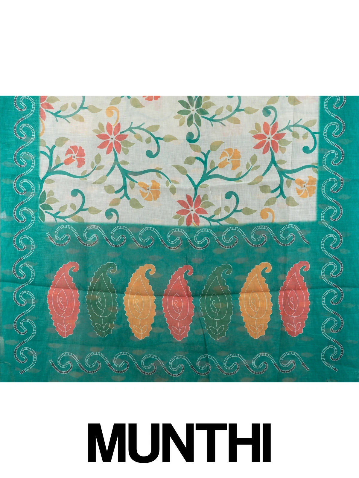 Cream linen cotton saree with multicolour floral print and contrast teal green paisley border
