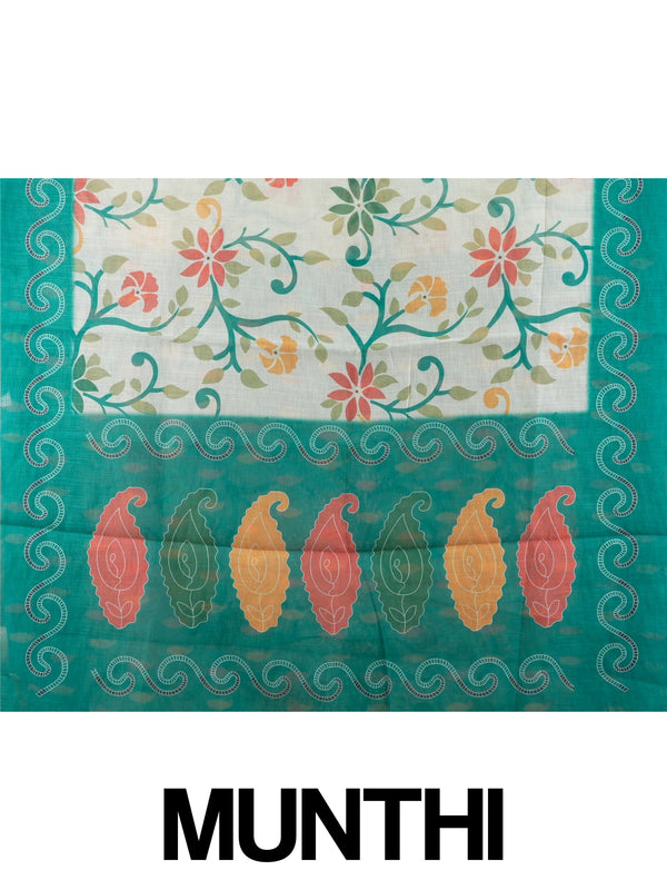 Cream linen cotton saree with multicolour floral print and contrast teal green paisley border