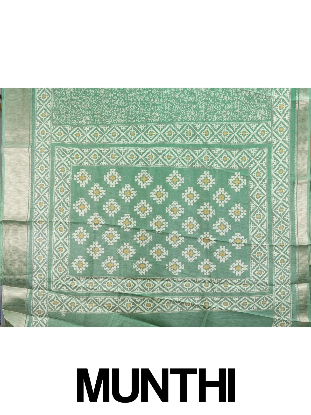 Sea green designer saree with cream tribal Warli print and gold zari border