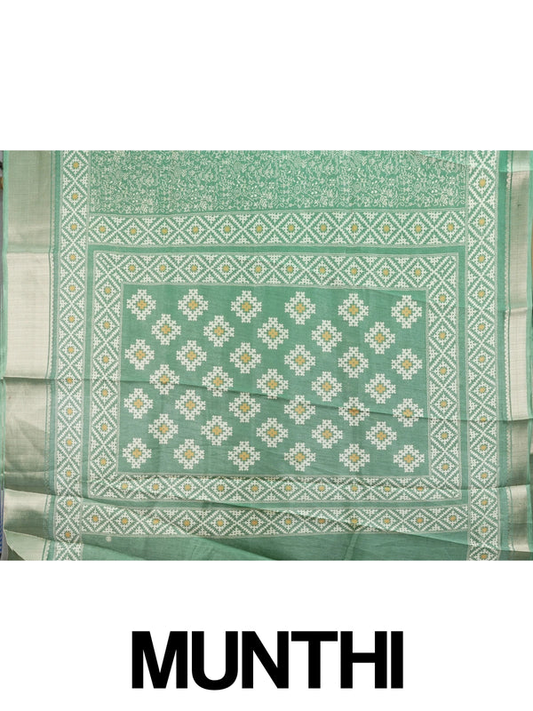 Sea green designer saree with cream tribal Warli print and gold zari border