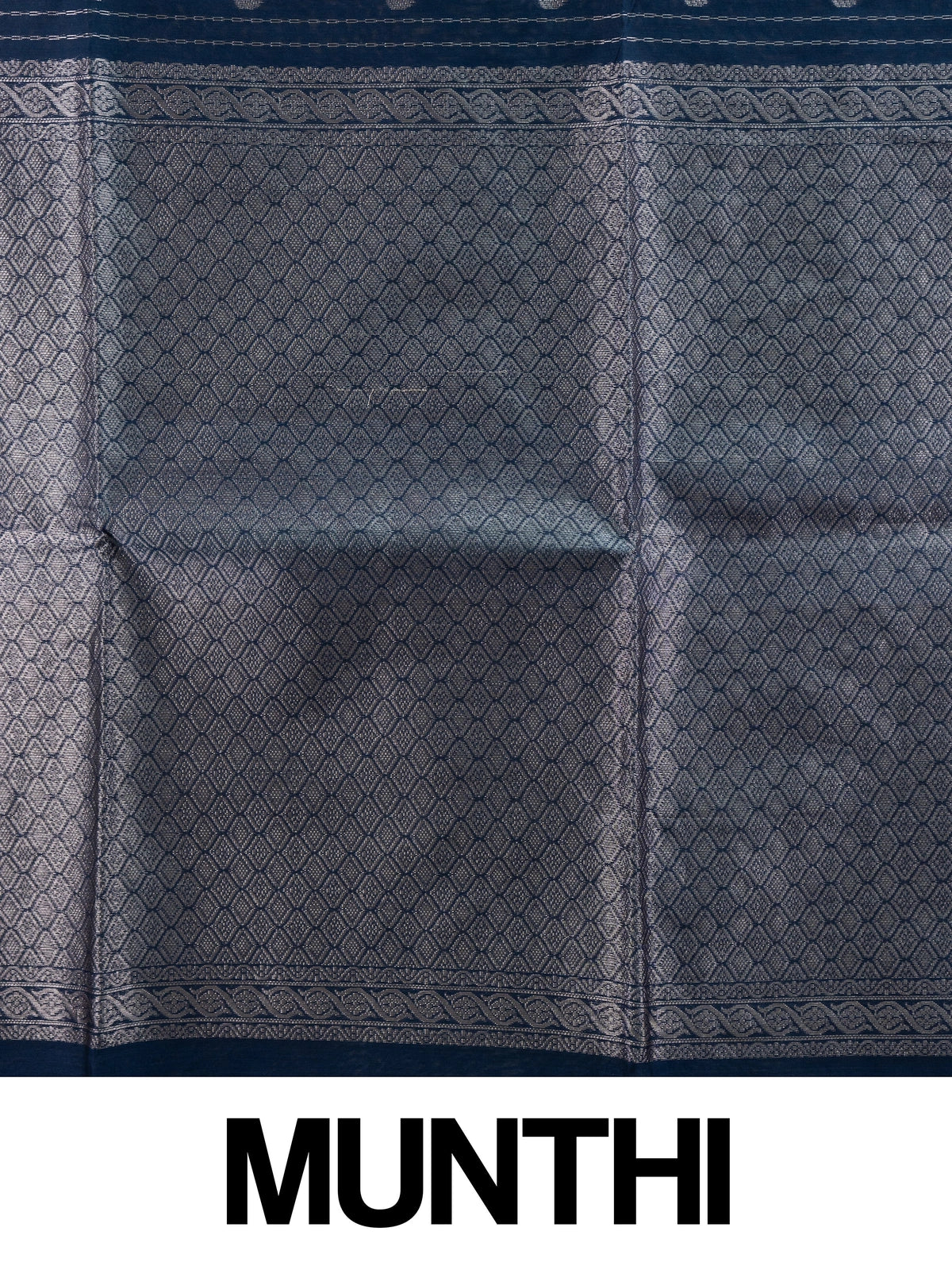 Navy blue silk cotton saree with silver zari stripes, buttis and ornate zari border