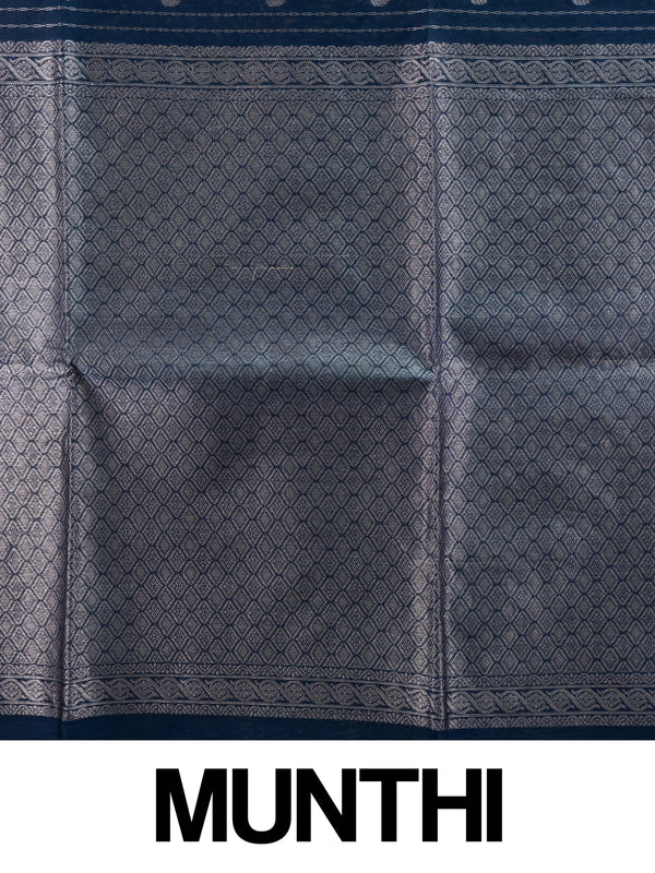 Navy blue silk cotton saree with silver zari stripes, buttis and ornate zari border