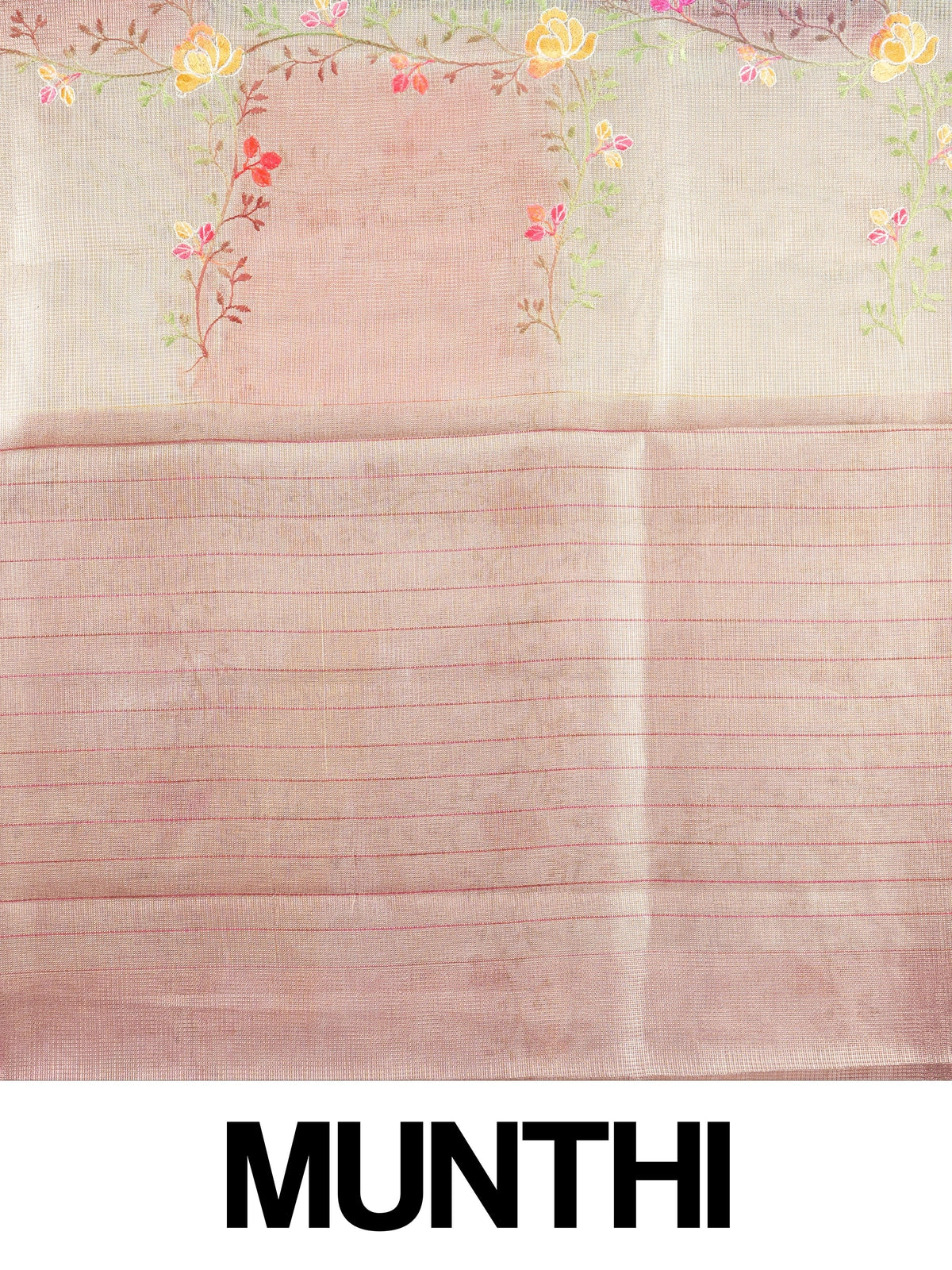Beige and pink semi raw silk saree with floral embroidery and contrast gold zari border
