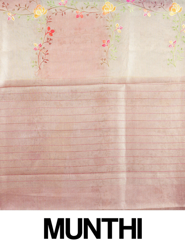 Beige and pink semi raw silk saree with floral embroidery and contrast gold zari border