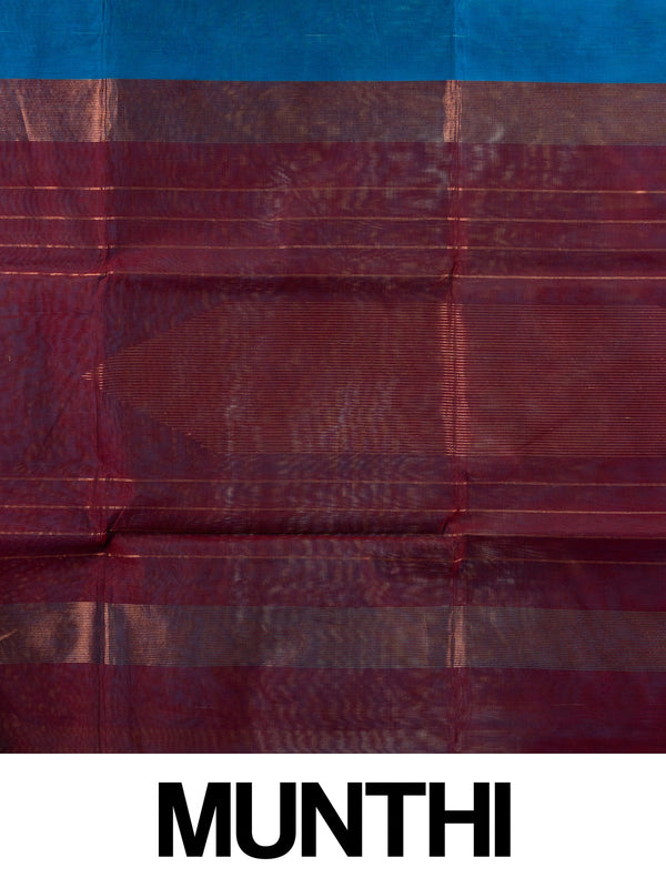 Peacock blue silk cotton saree with maroon contrast zari border and woven butta motifs