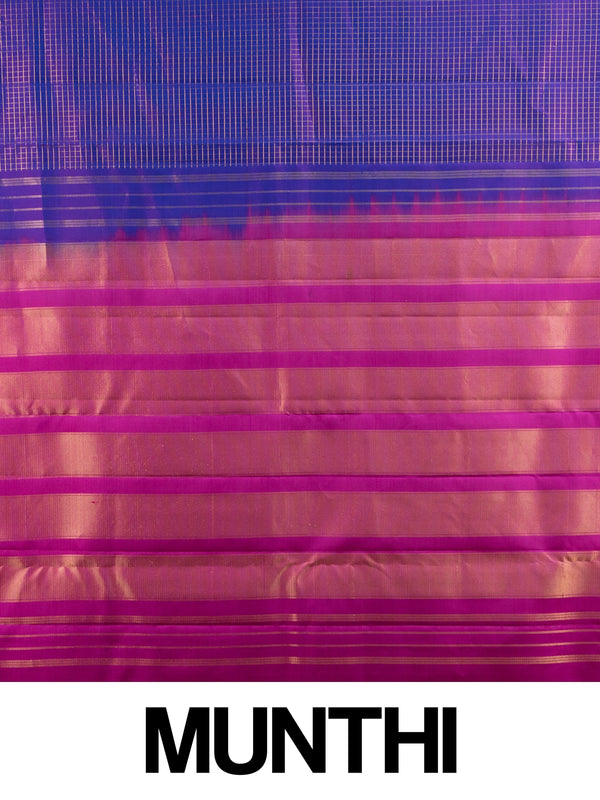 Royal blue pure Kanchipuram silk saree with gold zari checks and contrast magenta pink zari border