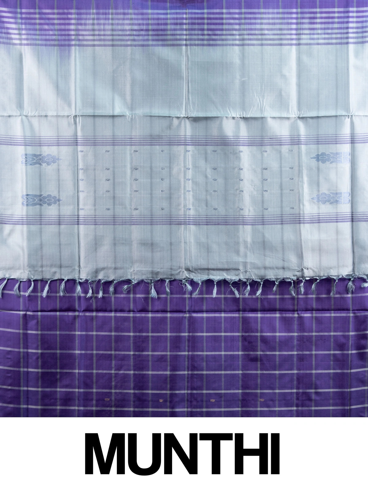 Violet banana silk saree with white and silver checks and contrast grey striped pallu