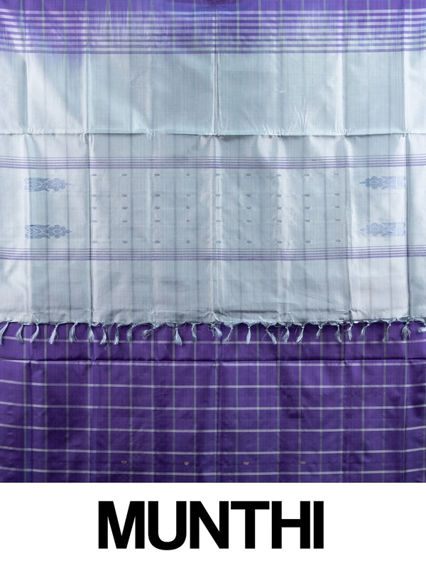 Violet banana silk saree with white and silver checks and contrast grey striped pallu