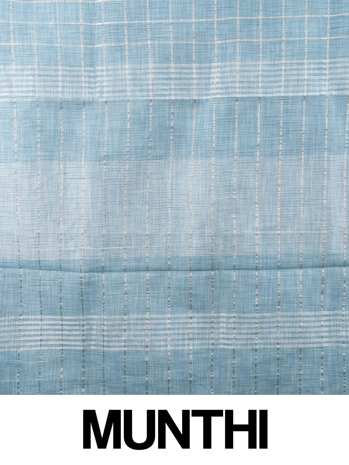 Sky blue linen cotton saree with white and silver zari checked weave and striped pallu