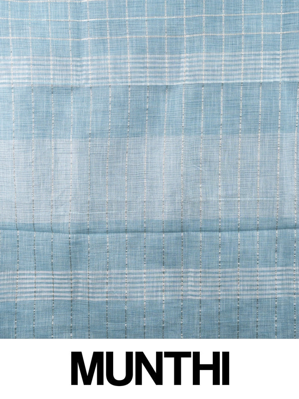 Sky blue linen cotton saree with white and silver zari checked weave and striped pallu